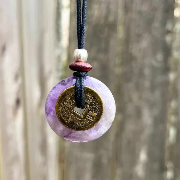 Amethyst Crystal Gemstone Handmade Necklace with Lucky Coin - Picture 4 of 5